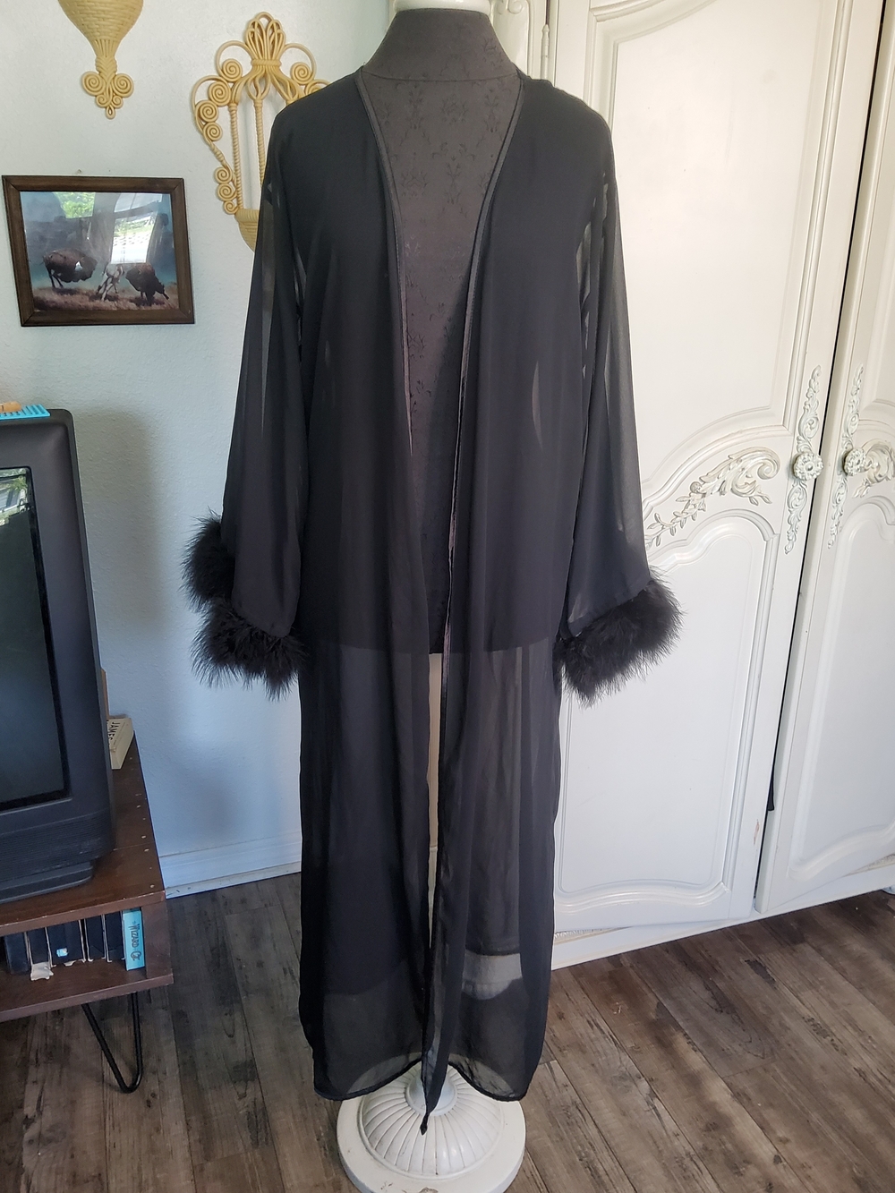 Vintage Maraboo Feather Cuffs Sheer Black Duster